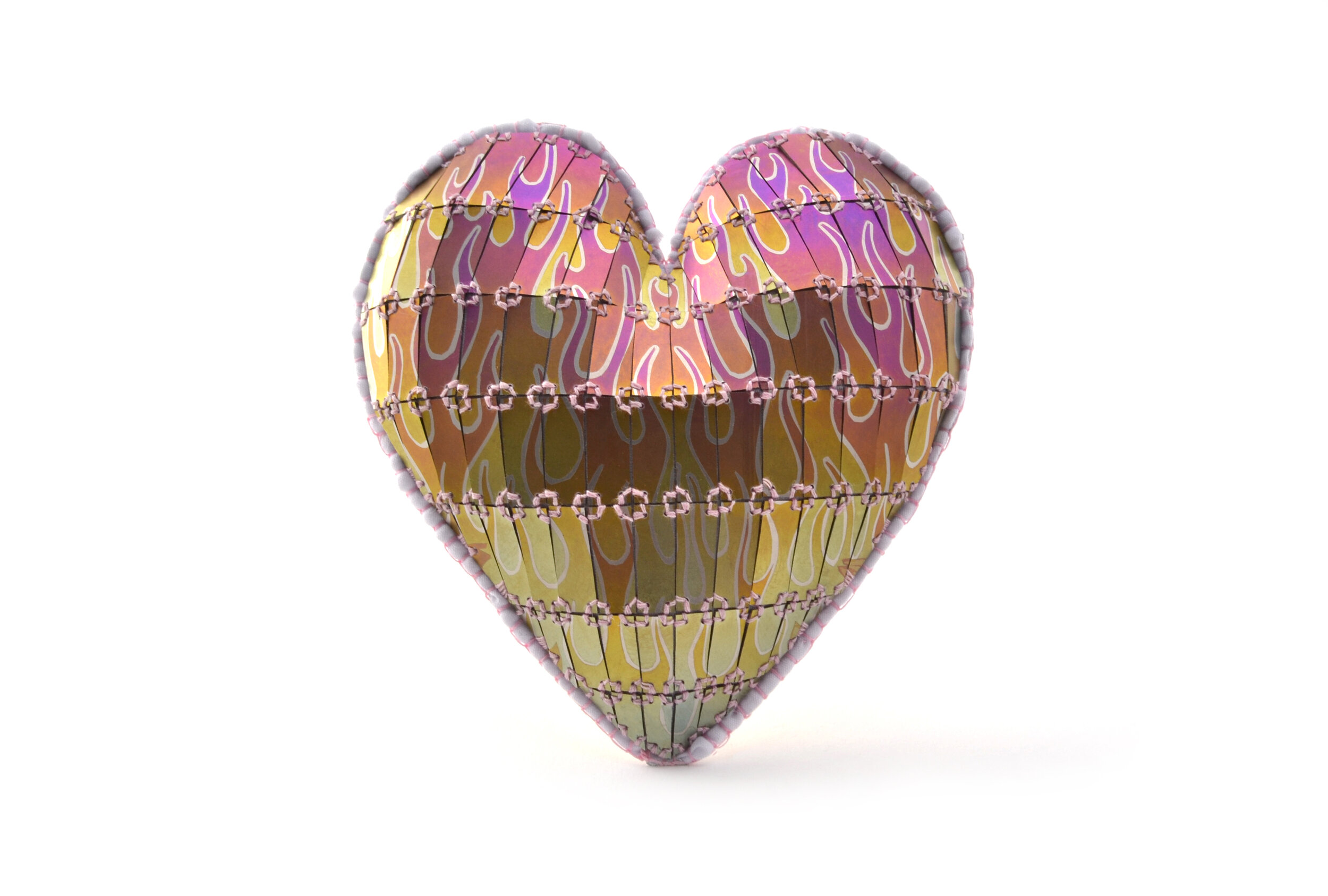   Flaming Heart   Anodized Titanium, Powder-Coated Brass, Polyester, Leather, Cotton, Thread  6”x6”x3”  2019 