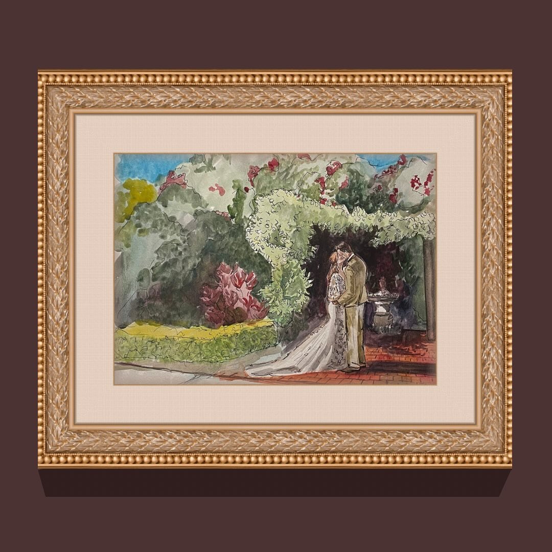 This beautiful garden in St. Pete was a stunning place for this wedding ceremony. 
.
Thanks for having me and congratulations you two! 
.
This painting was completed and framed on site. Swipe to see some real life photos of the couple with the painti