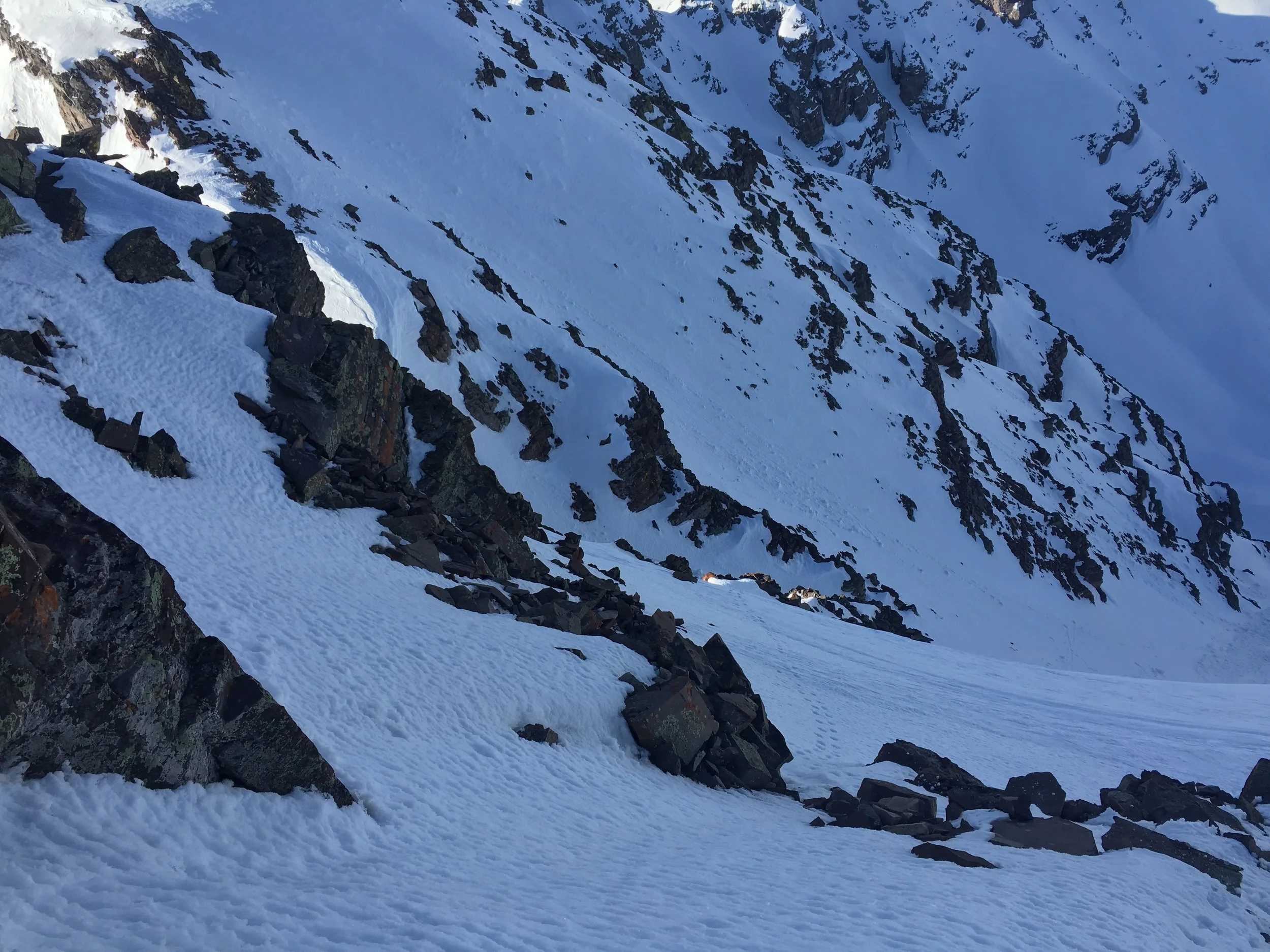 We traversed on the West face ridge a few hundred and feet and then saw our entrance to the summit. you can see our tracks here in this super scary snow!  