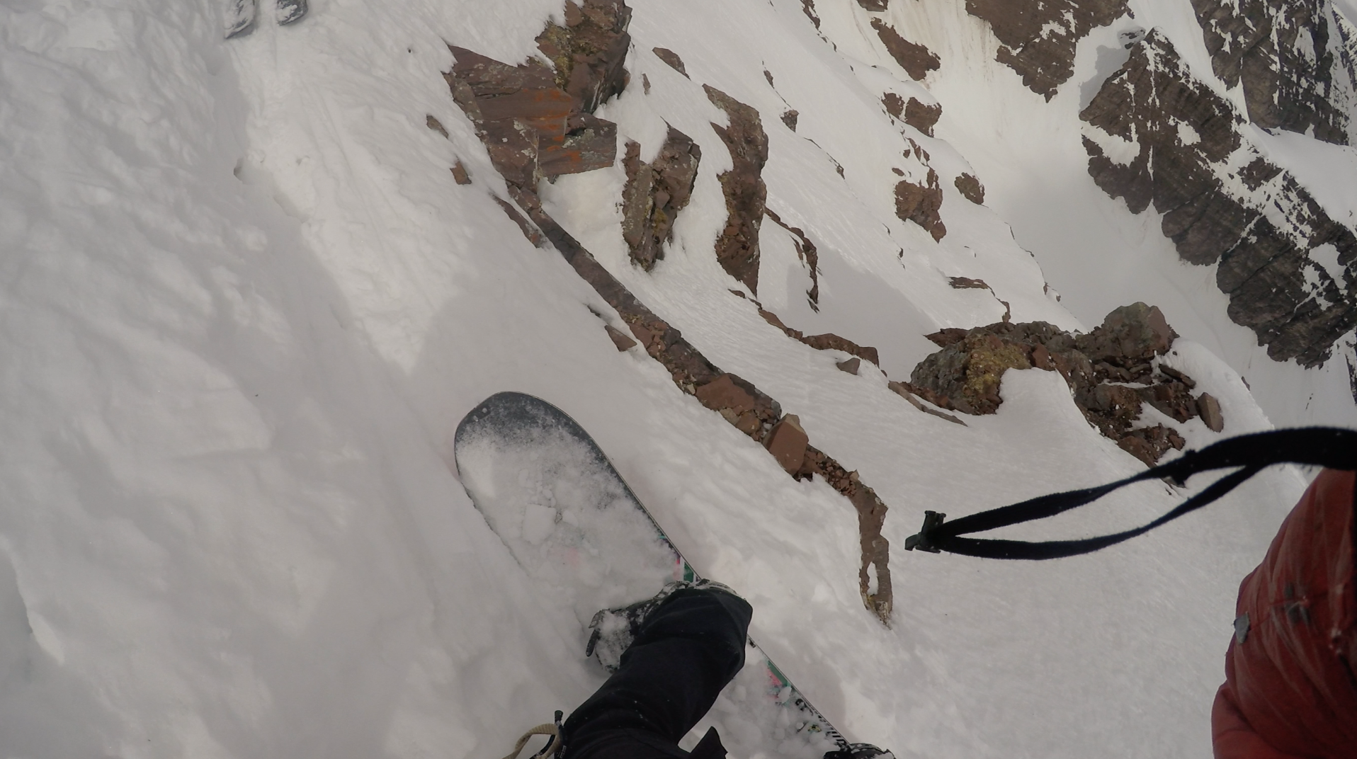 About 10ish feet of traversing above these cliffs on a small edge. Good thing I'm goofy. 