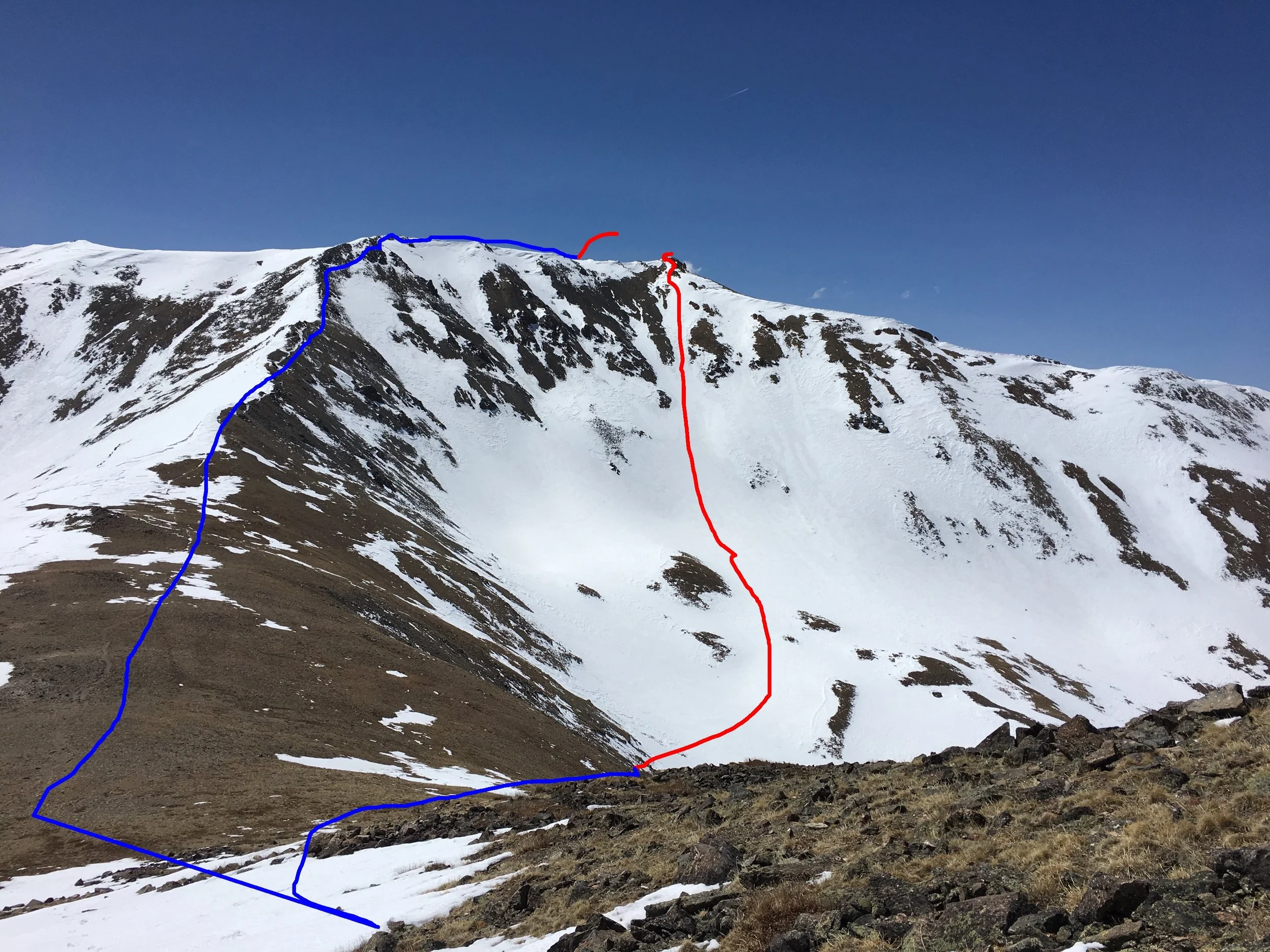 Our line down the East face of Belford, as seen from Mt. Oxford. 