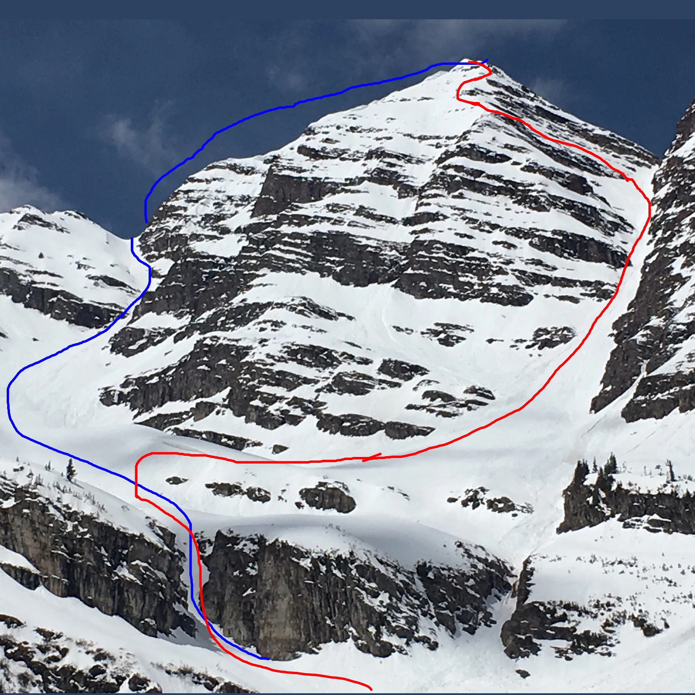 Blue:  Up the east couloir.  Red: down the face to the Bell Couloir.
