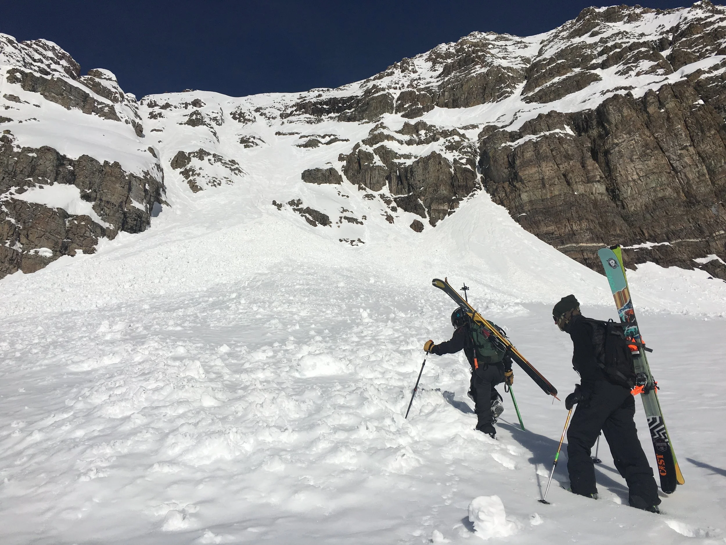 Nicky and Dom starting the boot pack. We stayed left and went up the small couloir on the left in this photo.