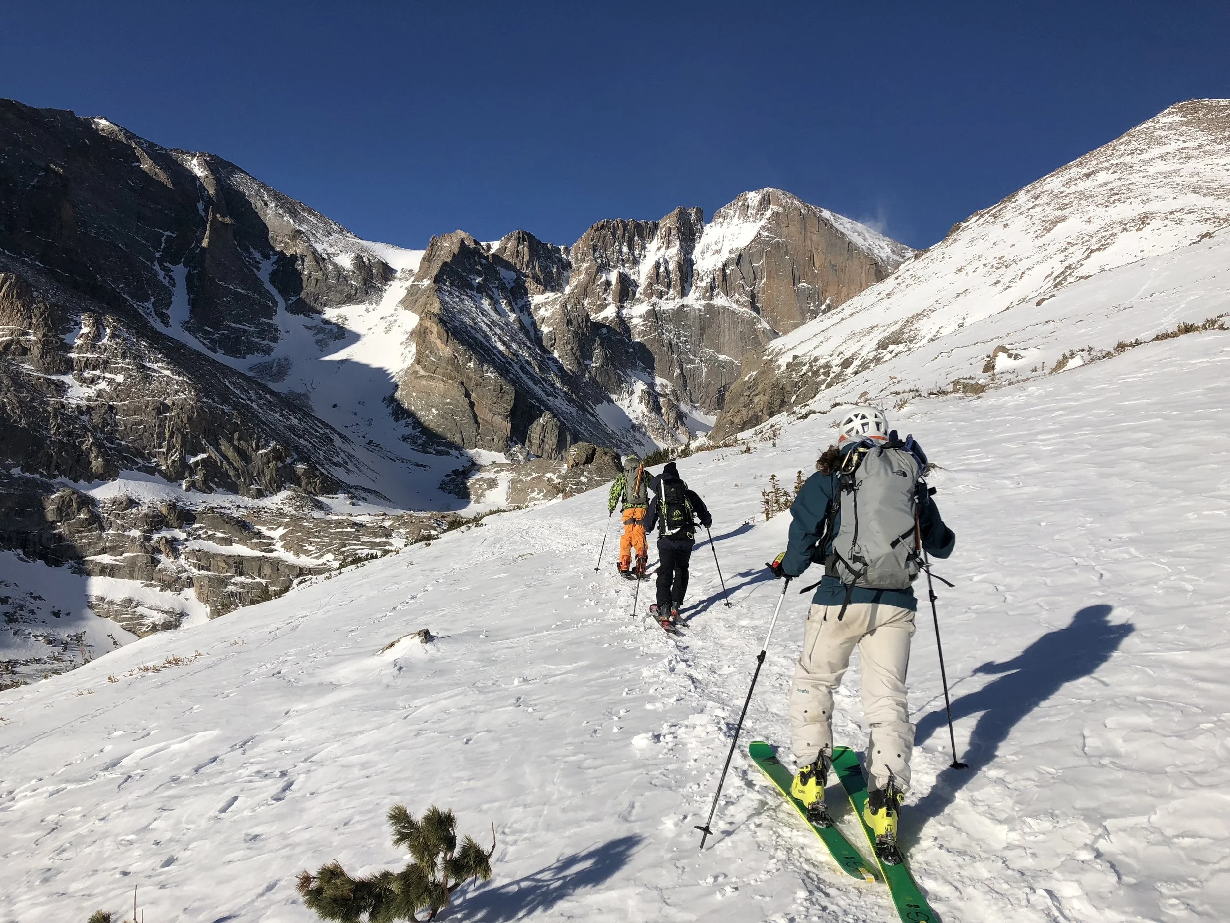 Making our way towards the Notch Couloir on the right with the classic diamond face on the right. 