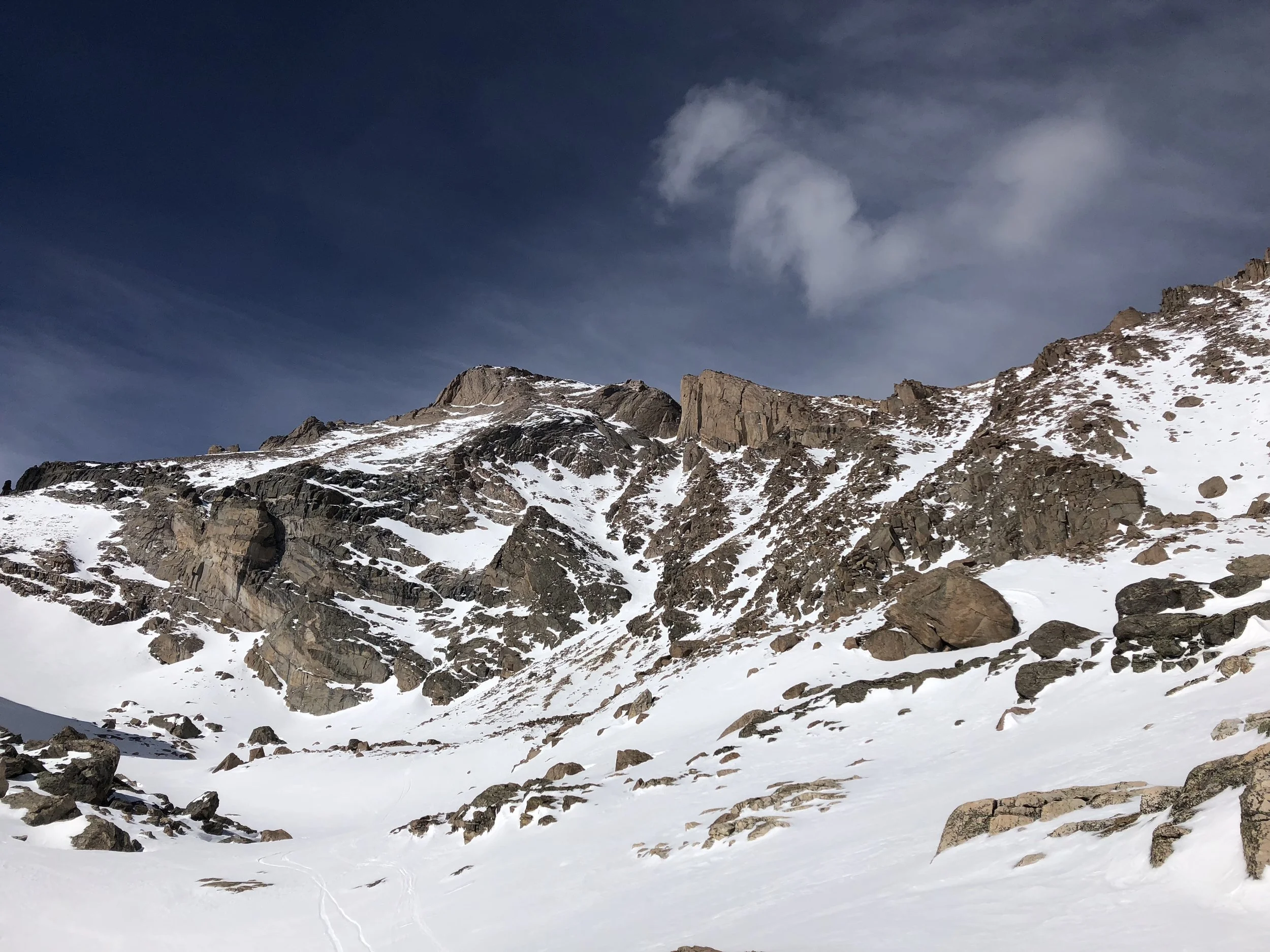 Looking back at our line down Keplinger's Couloir into the Wild Basin.