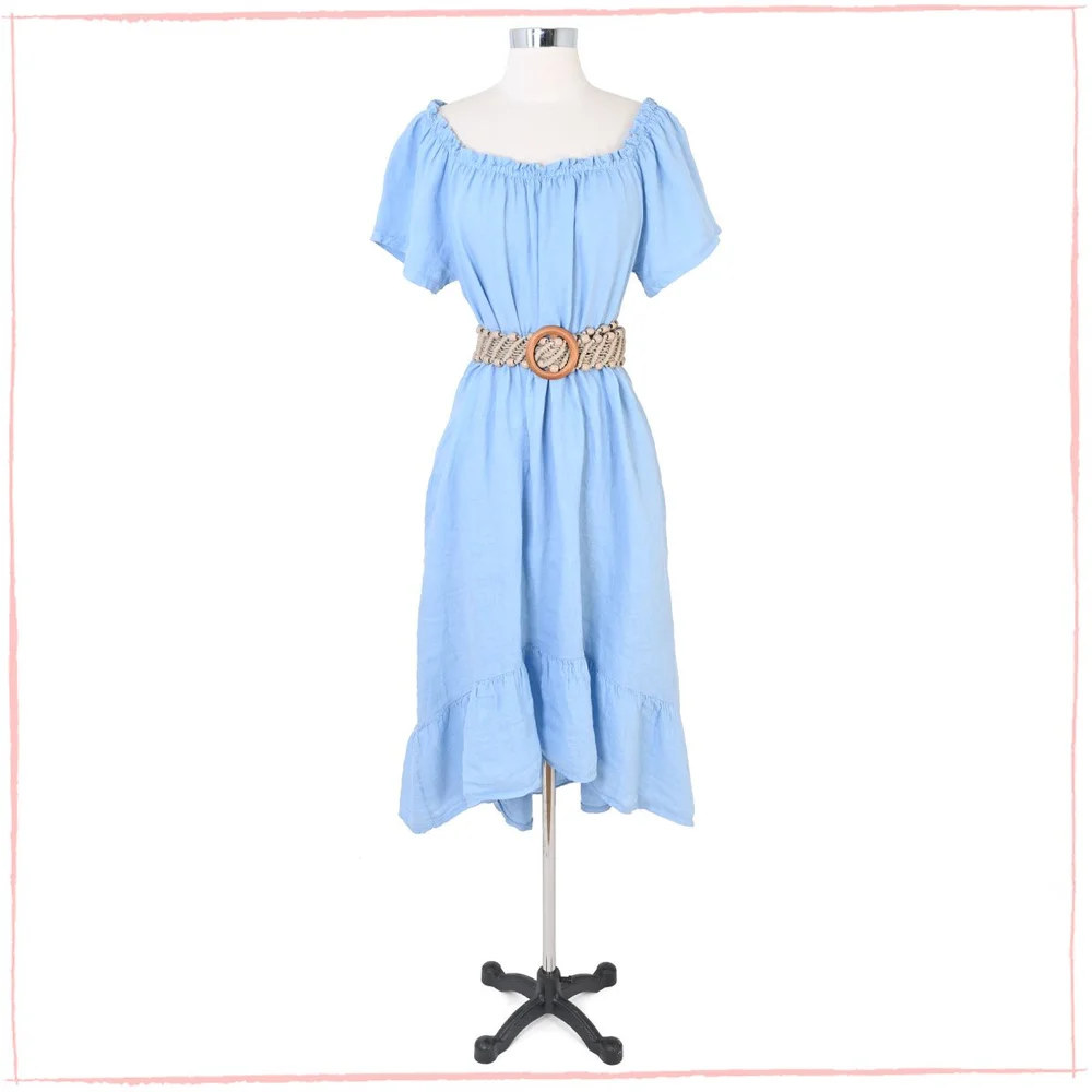Italian Linen Flowy Dress - On/Off Shoulder Summer Style  Holiday