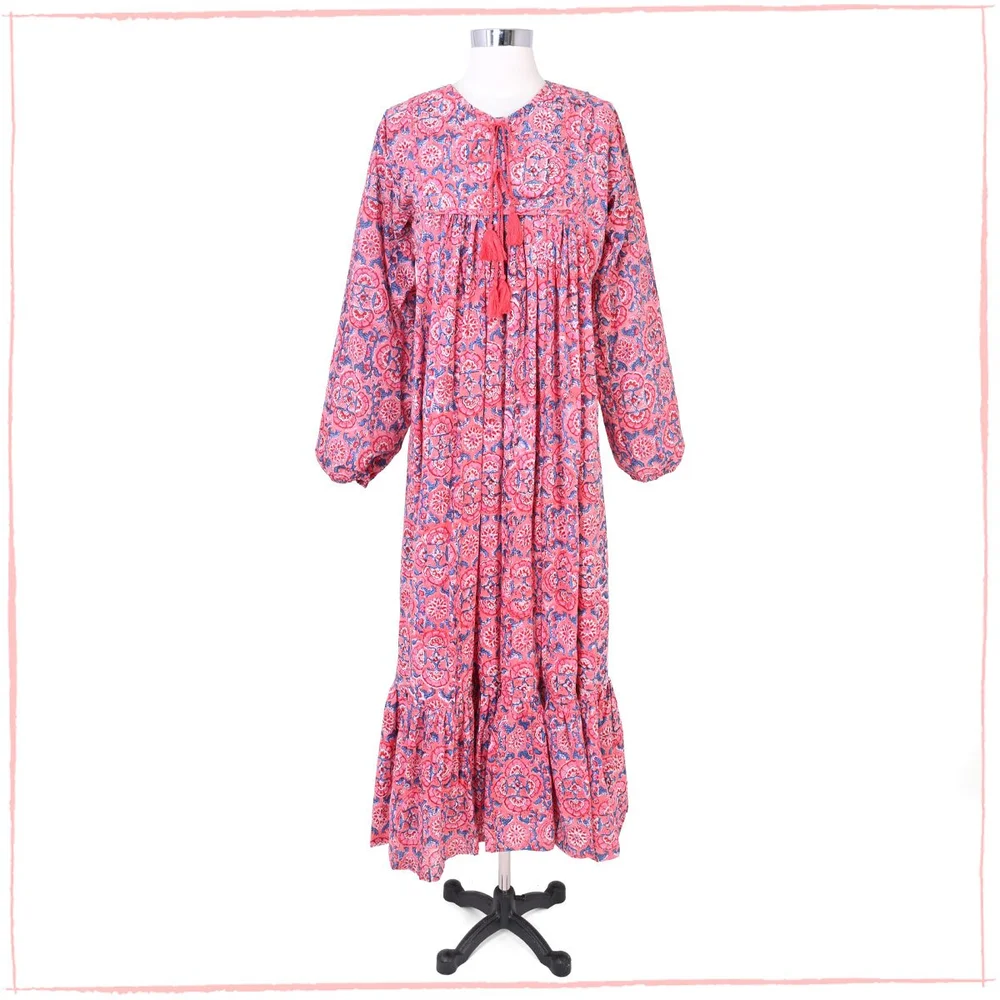 Bohemian Cotton Block Print Flowy Dress - 100% Cotton, Unique Design   Holiday