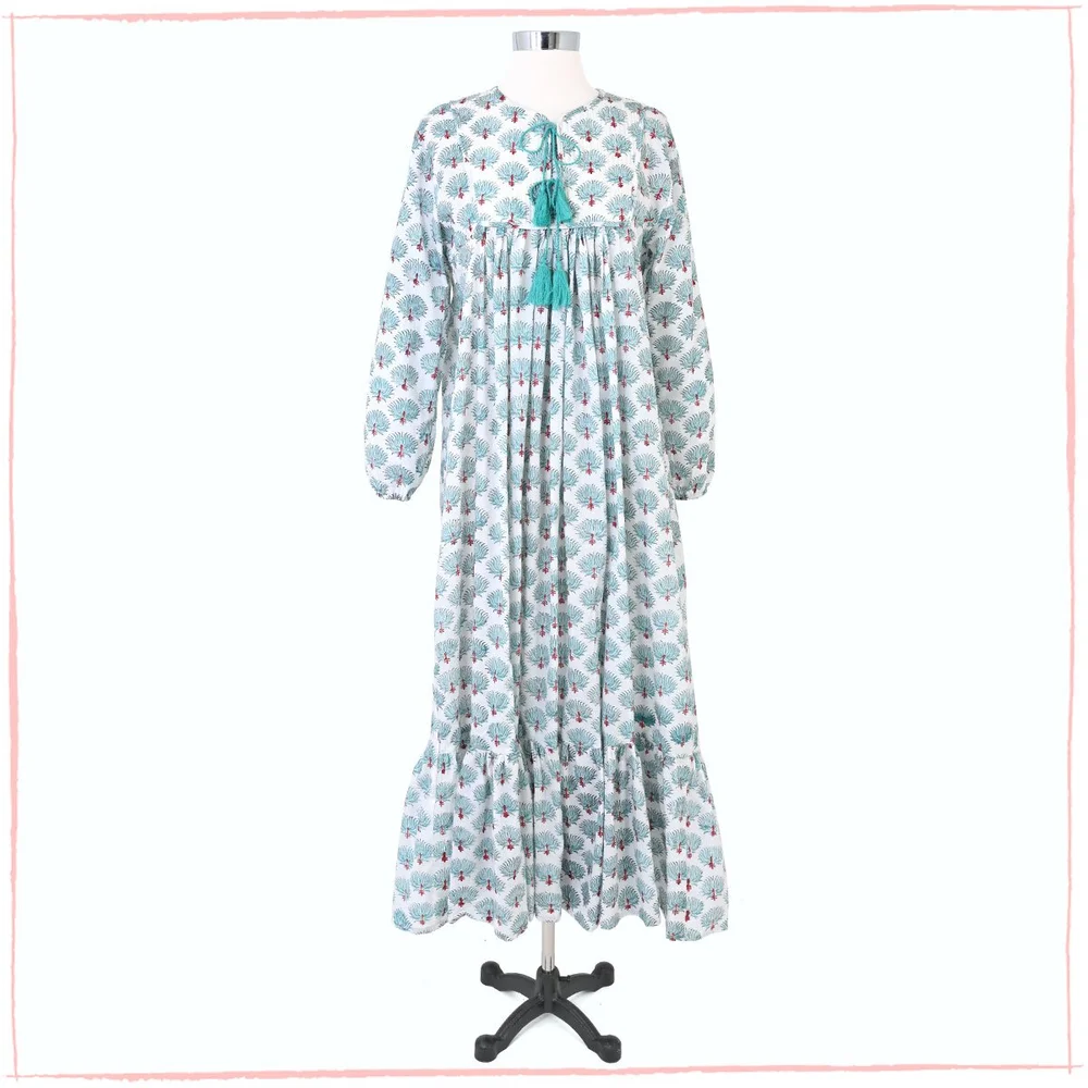 Elegant Cotton Block Print Dress - Handcrafted Comfort & Style Holiday Elegant Cotton Block Print Dress - Handcrafted Comfort & Style Holiday