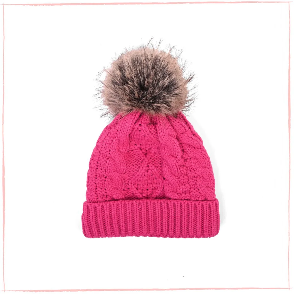 Pink/Hot Pink Knit Beanie with Pom Pom Hot Pink Knit Beanie with Finn Raccoon Pom Pom: FurHatWorld.com main image 3