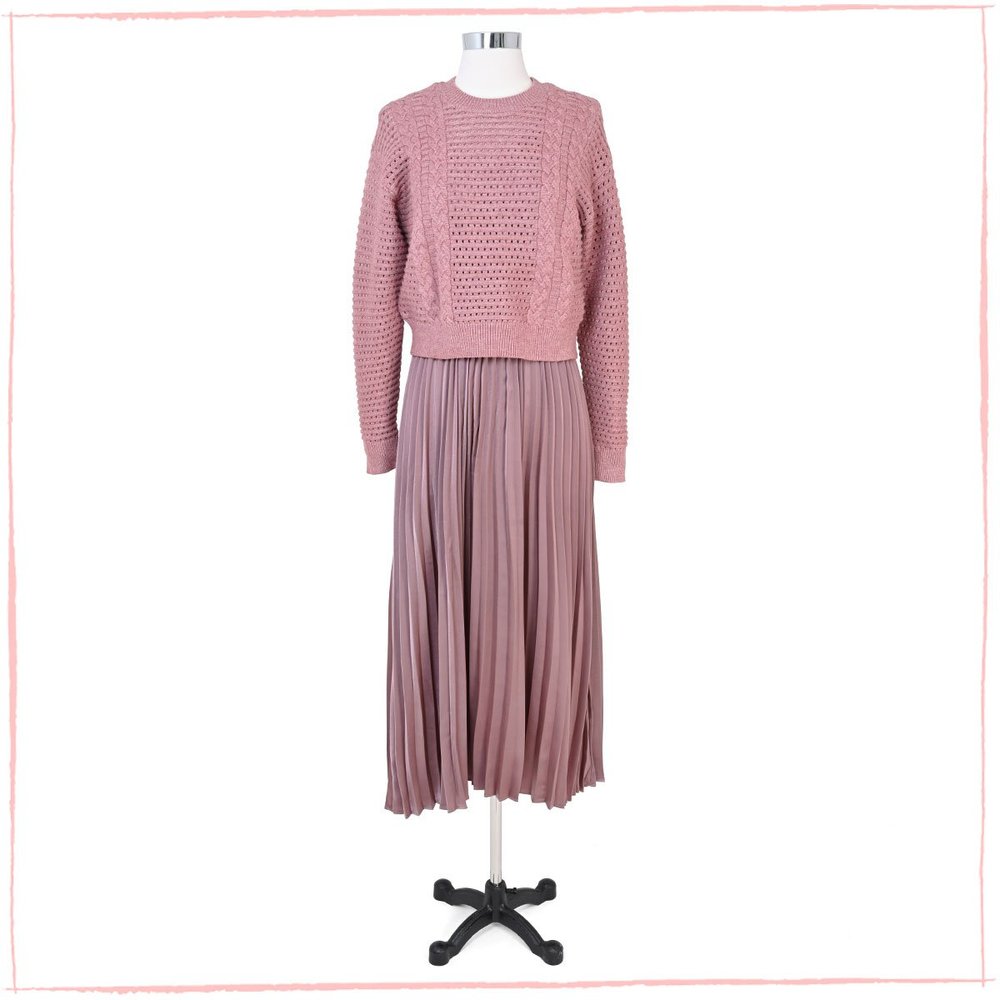 Dusty Rose Satin Slip Dress Lace Knit Sweater Set Elegant Two