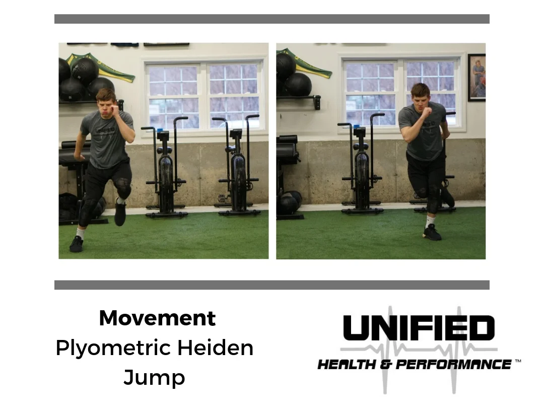 “Plyometric” is a term used to describe a manner of jump training that focuses on the absorption of an eccentric force (landing) and a subsequent rapid contraction of a muscle (jumping). The period of time that the foot is in contact with the ground is called the amortization phase. The goal of plyometric exercises is typically to minimize this amortization phase (ground-contact time, or GCT) to train elastic qualities of the muscle group. In this case, the goal of a Plyometric Heiden Jump is to transition quickly between single leg jumps while maintaining proper knee alignment and arm action.