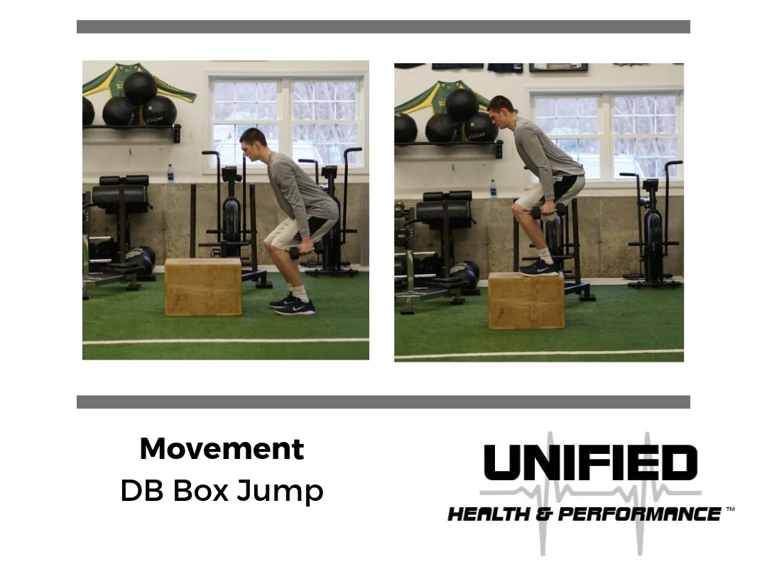 All of the same technique cues from the “Box Jump” slide apply. Hold one dumbbell in each hand. Make sure the amount of weight doesn’t alter your jumping and landing mechanics.