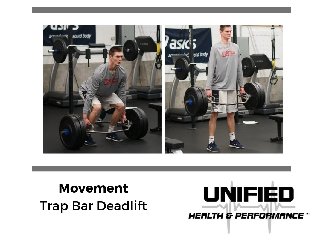 One of our favorite compound strength movements is the Trap Bar Deadlift. You’ll notice that the starting position closely resembles that of the Box Jump position and repetitions are completed by a powerful hip extension pattern. We encourage athletes to create tension by “bending the handle” and gripping the floor. We want athletes to think about pushing into the floor more so than pulling the bar off of the ground.