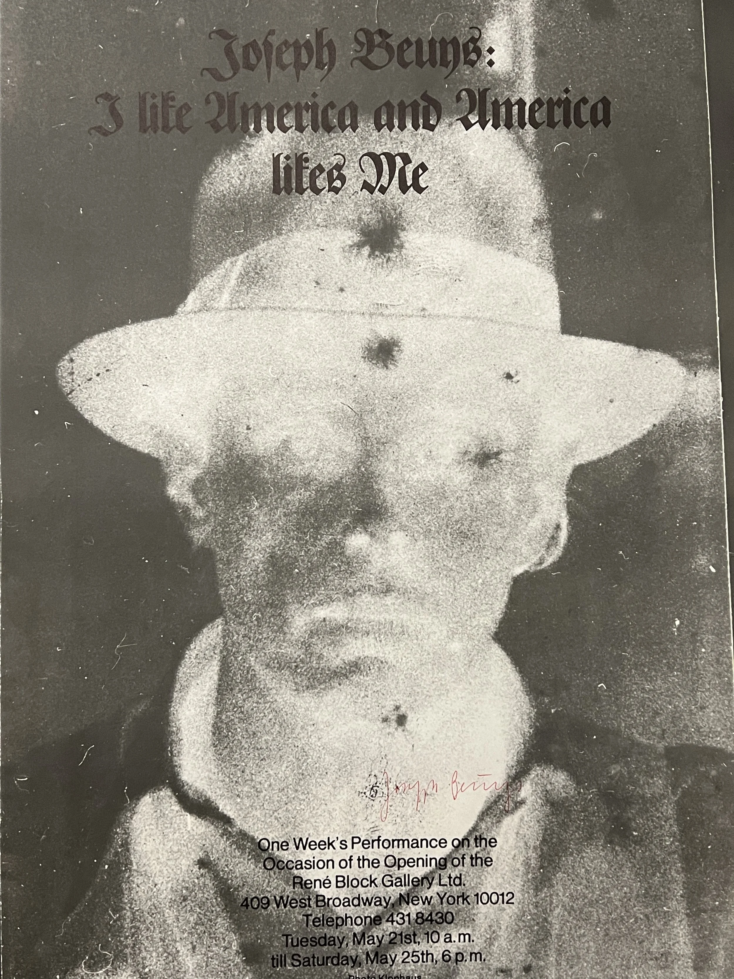 Joseph Beuys 'I like America & America likes me' 1974 Poster Rene Block Gallery in Soho, NYC