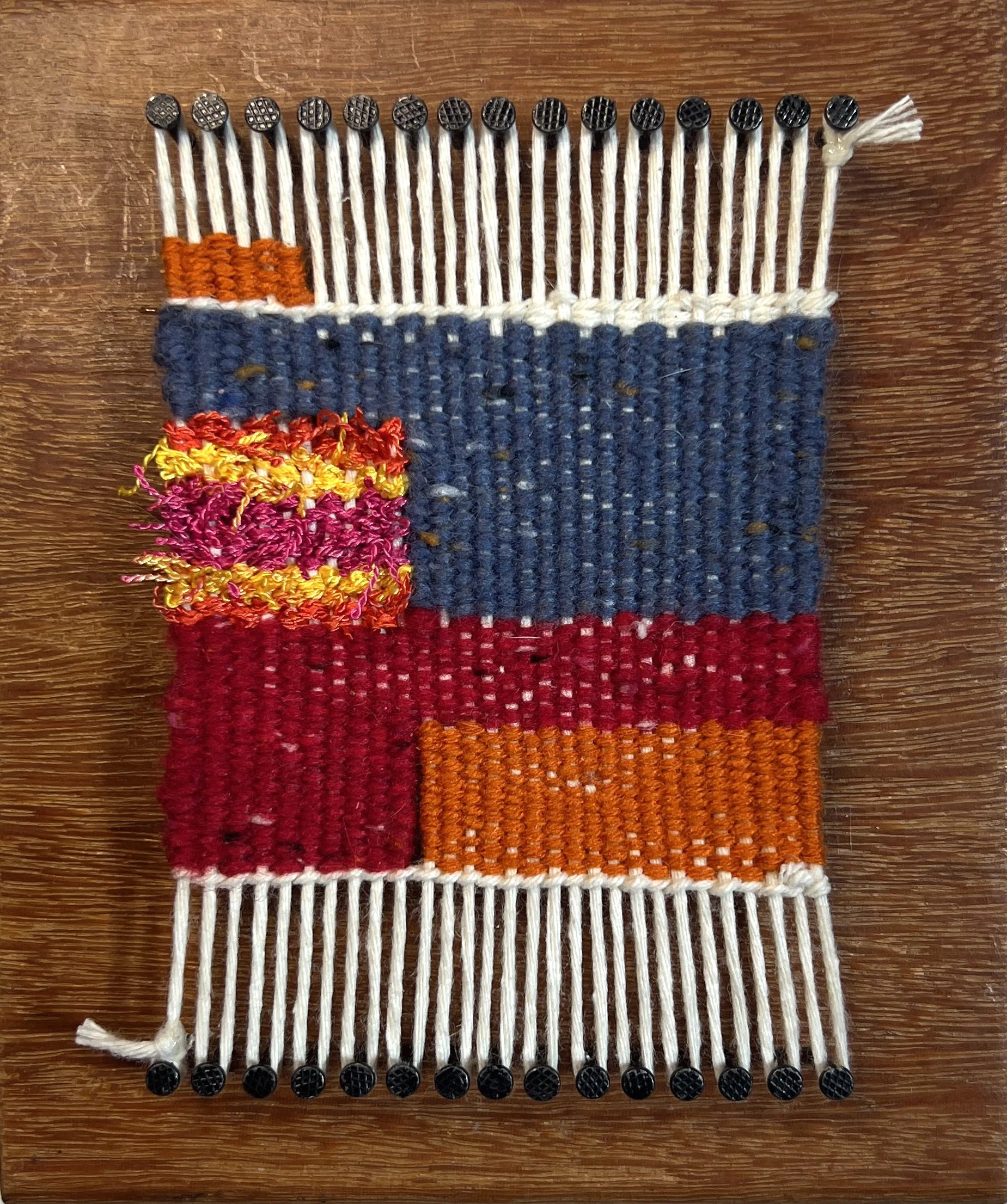  Color on a Block  Weaving 3” x 4” on a wooden Block 4.25” x 5.25”, 2026  $100   “Soothing the soul with meditative repetition”    Represented by    MARA Art Studio + Gallery    Sarasota, FL 941.914.811 0 