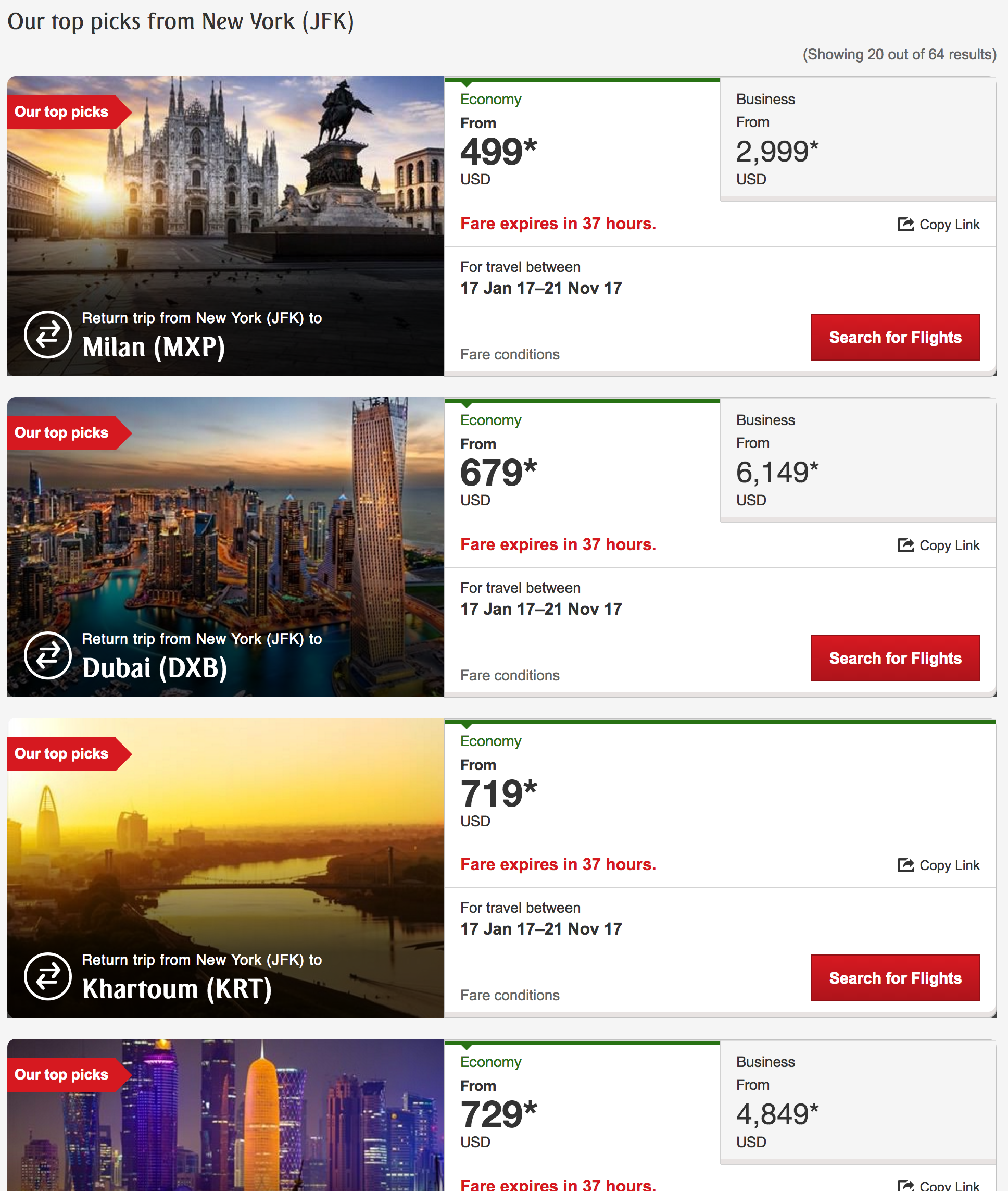 Sample Emirate's Airlines sale prices