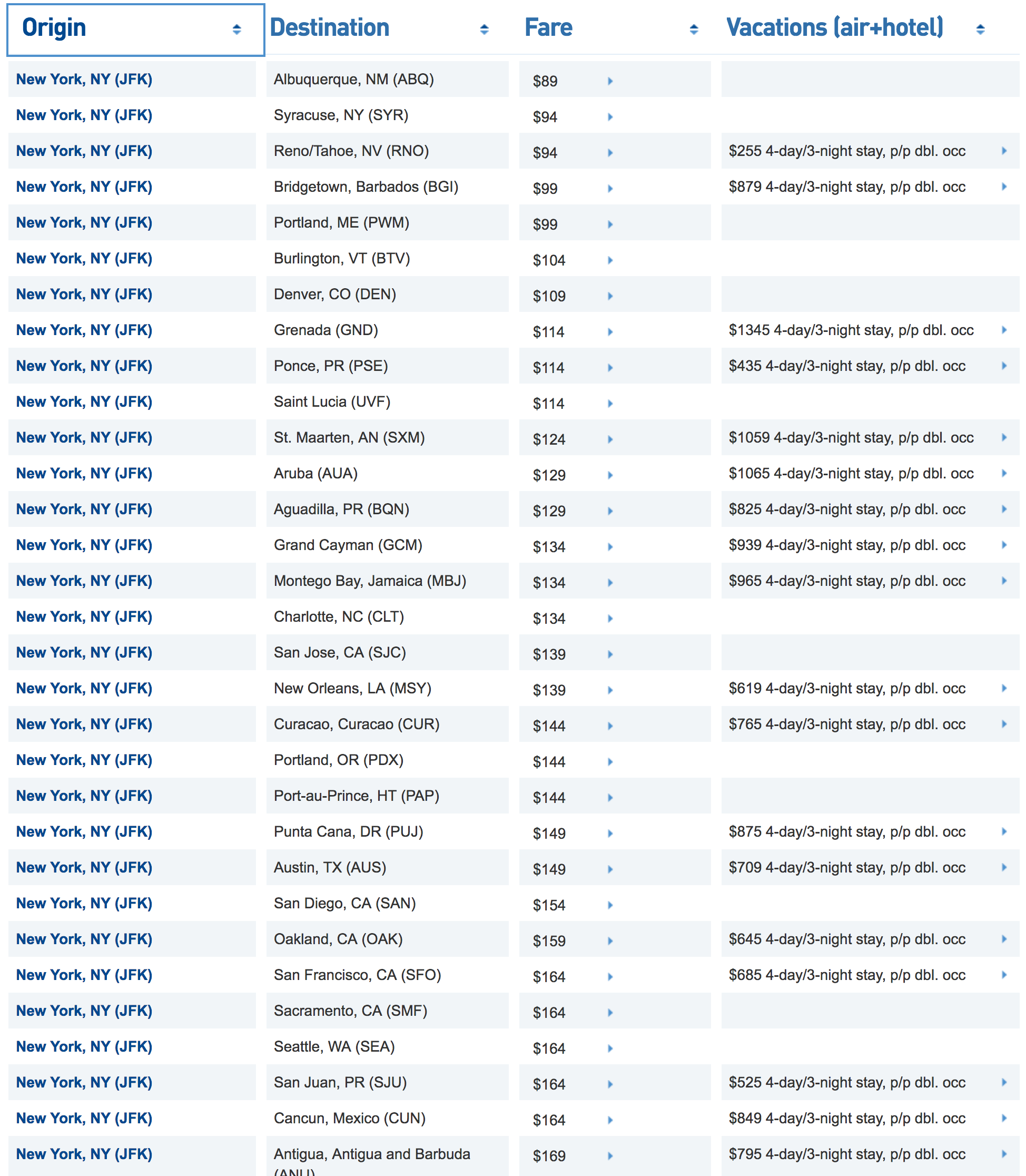 Jetblue sale screenshot, found 11am EST on 1/10/17