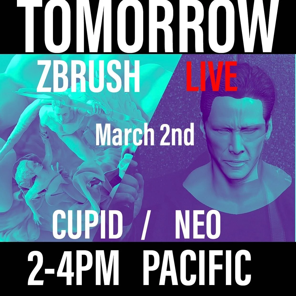 Link: https://www.youtube.com/user/ZBRUSHatPIXOLOGIC
TOMORROW: 2-4PM PST Join me during the 1st hour as I work on wrapping up my “sequel” to a previous sculpture I remade based on the classic romantic, & iconic sculpture by #AntonioCa