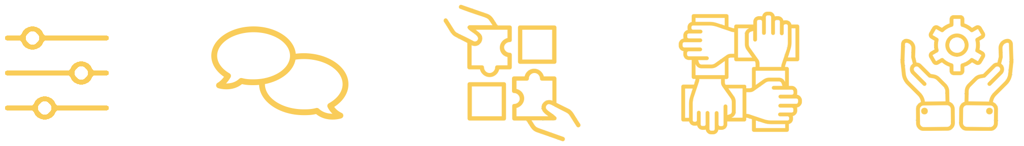 Image Descriptions: Five yellow icons representing Matthew’s teaching philosophies; from left to right: three horizontal slider controls, two convo-bubbles, puzzle pieces, four hands and each clasping one other’s wrists to form a circle, and the las…