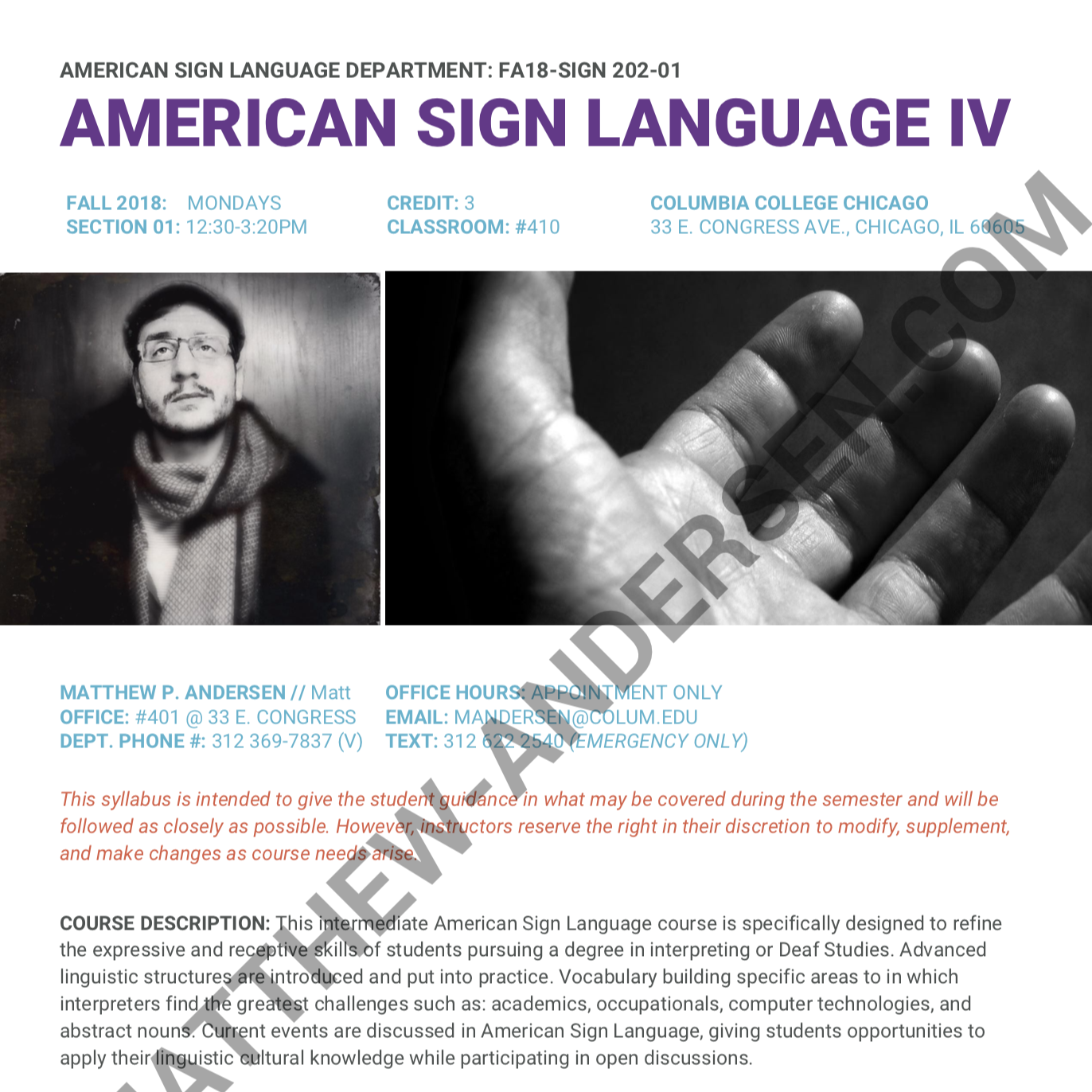 Image description: a screenshot of the first page of Matthew’s American Sign Language IV course syllabus.