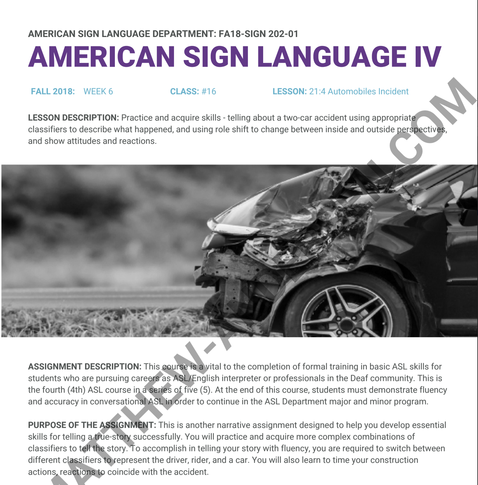 Image description: a screenshot of the first page of Matthew’s American Sign Language IV video assignment rubric.