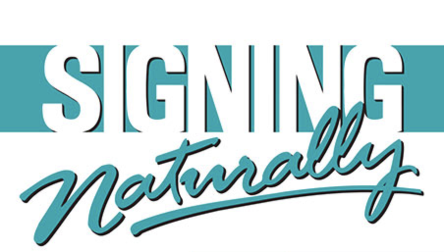 ID: Signing Naturally Logo: teal block with white text “SIGNING” and lopsided teal cursive text “naturally”