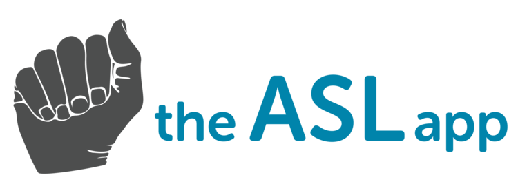 ID: The ASL App Logo: gray colored hand in ASL’s ‘A’ handshape and blue teal text “The ASL App”