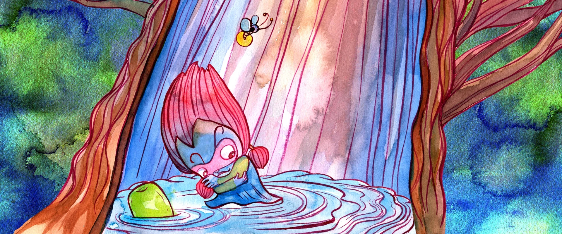 ID: a digital art of one of VL2 Storybook Apps showing a colorful character sleeping in puddle inside the hollow tree trunk.