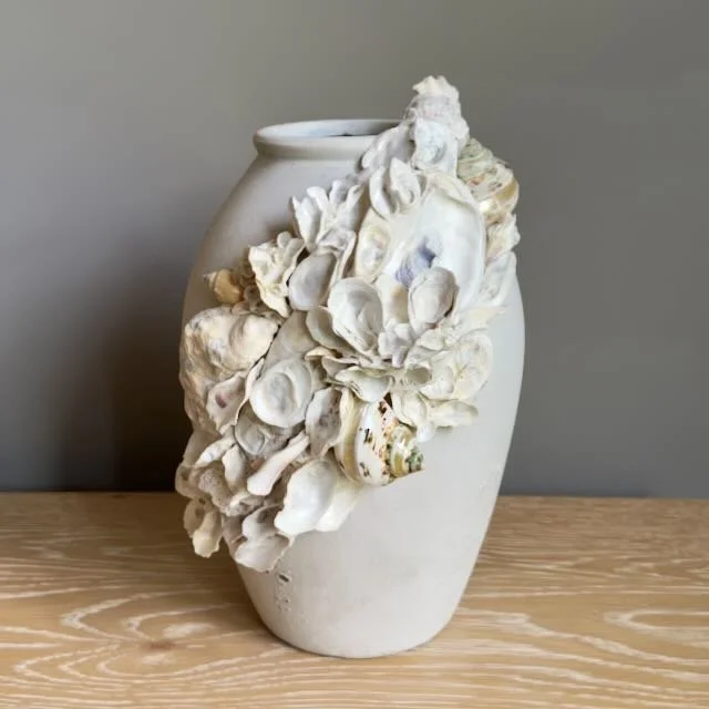 White Mottled Coastal Shell Vase