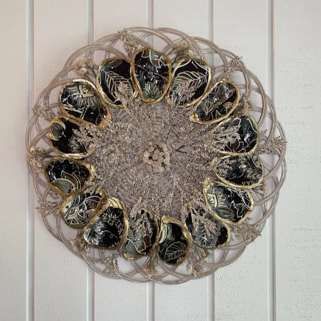 Decoupaged  Antique Paisley flowers Shell Wall Decor