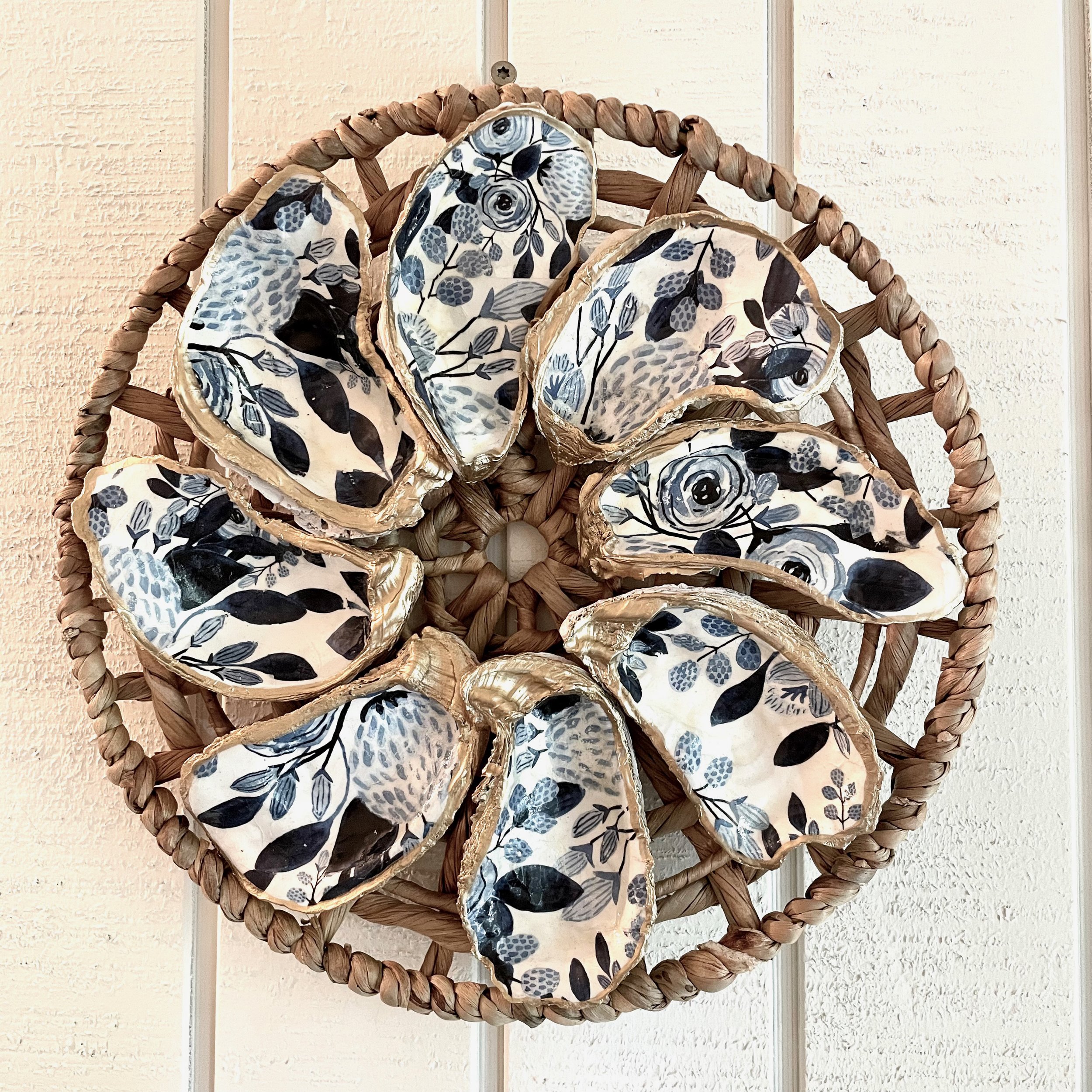 Navy Floral Decoupaged Shell Wall Hanging