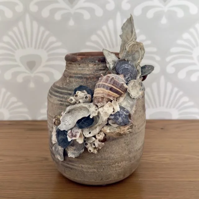 Beige Distressed Terracotta Coastal Shell Vase