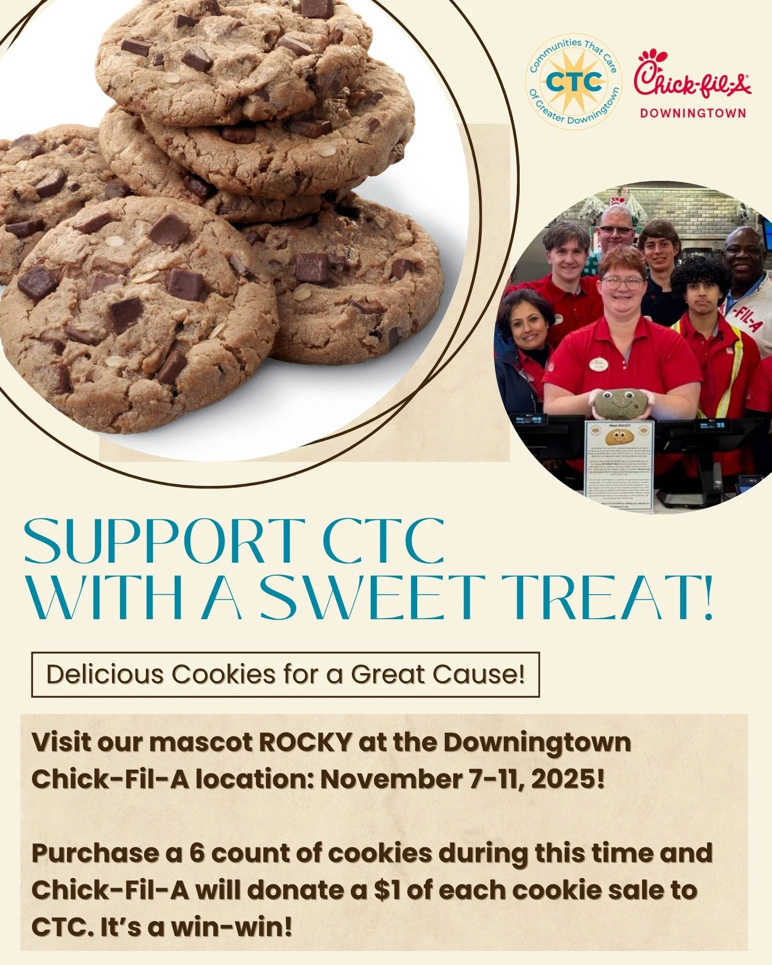 Only 1 more day to support CTC &amp; visit ROCKY at @cfadowningtown before he moves to his next location! Be sure to stop in today or tomorrow to grab this sweet cookie deal 😍🍪 #YourSupportMatters #CTCROCKY2025 #TheAdventuresOfROCKY #DowningtownCTC