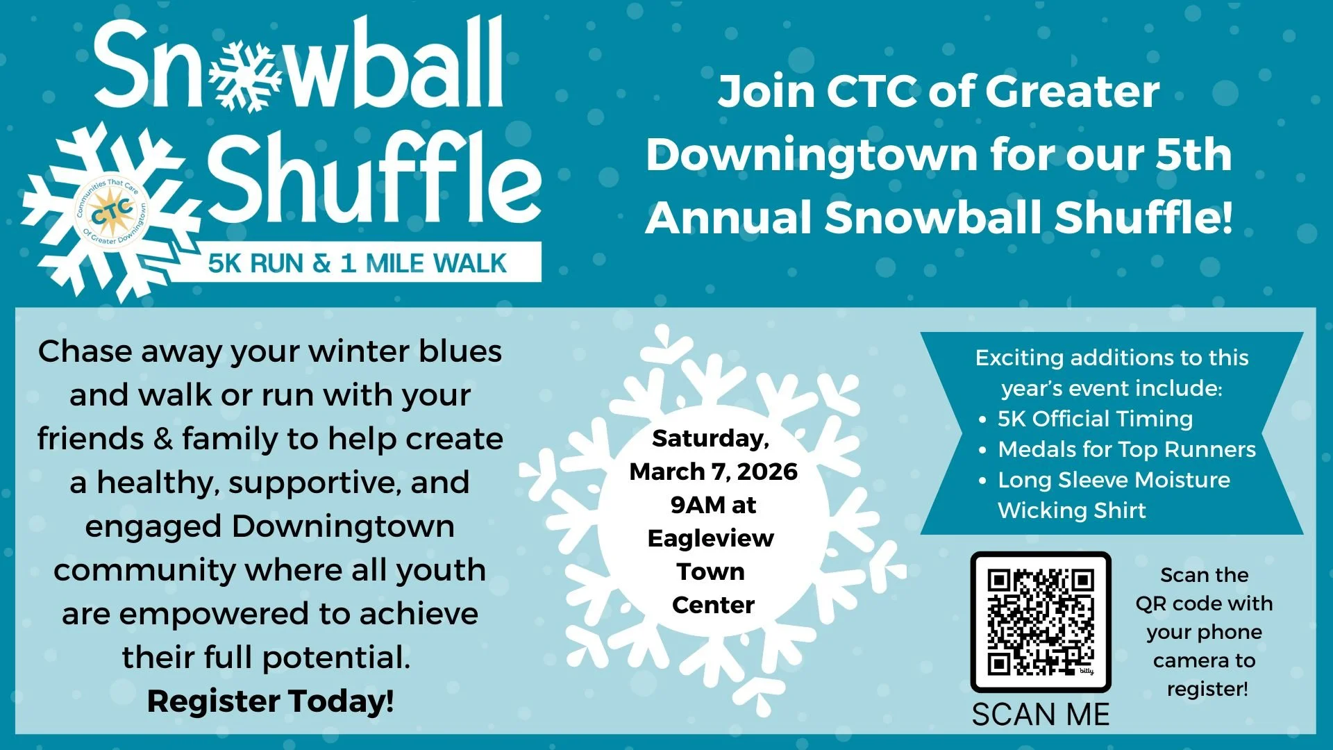 ❄ Our 5th Annual CTC Snowball Shuffle is 2 months from TODAY!! ❄
📆 Saturday, March 7, 2026
⏰ Registration Opens at 8:00am, Race Begins at 9:00am
📍 @eagleviewtc 

This year's event will include:
- 5K official timing, thanks to @goruntheday 
- Medals