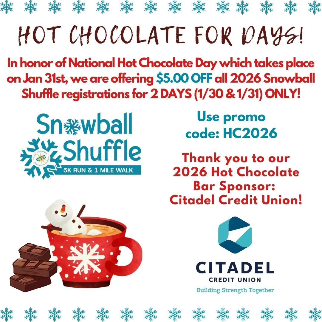Happy National Hot Chocolate Day! 🍫❤☕

TODAY IS  THE FINAL DAY! Take $5.00 off 💸 all 2026 Snowball Shuffle event registrations in celebration of National Hot Chocolate Day with promo code: HC2026

Head over to our race registration page and get reg