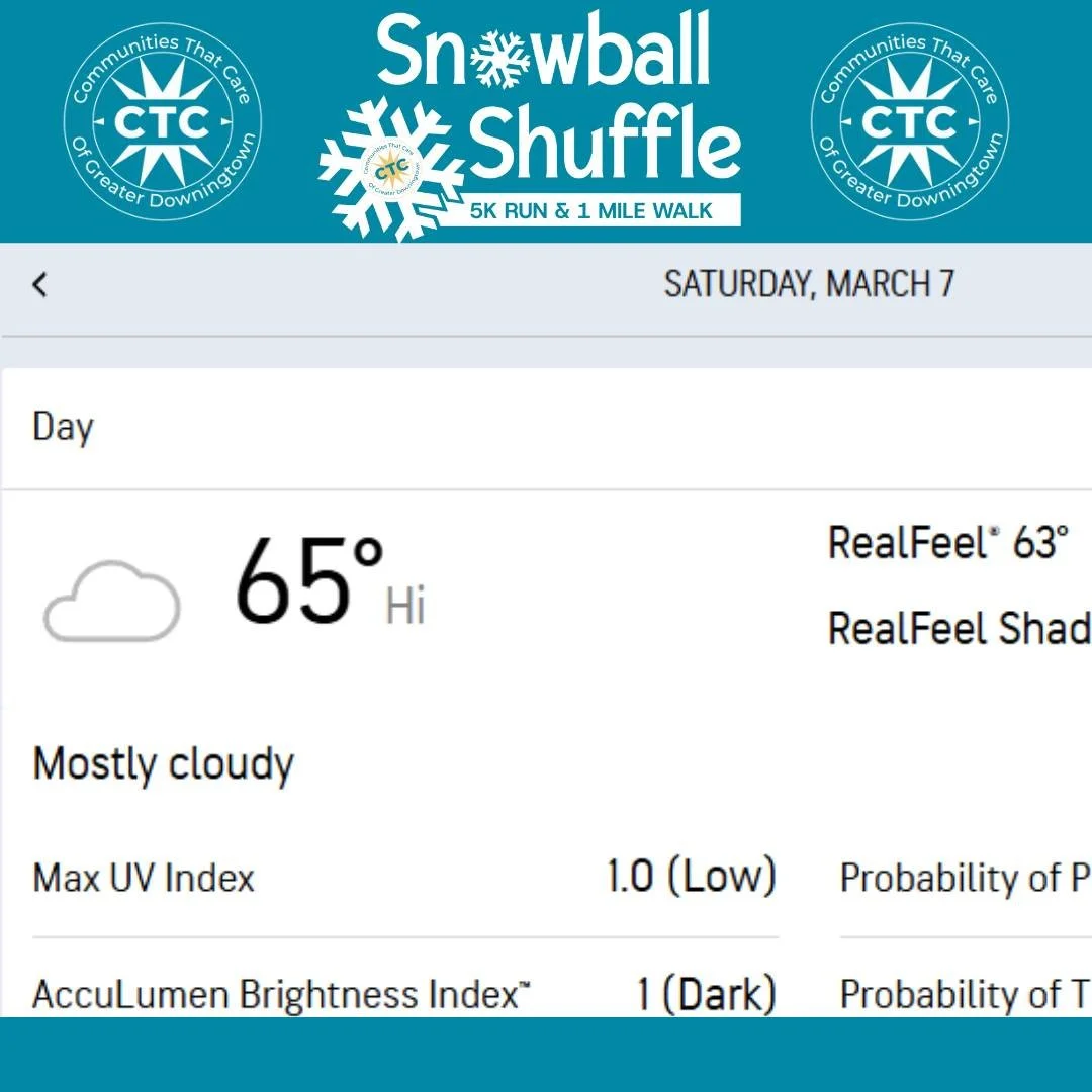 The weather for our 5th Annual Snowball Shuffle Run/ Walk on Saturday morning looks promising! Cloudy &amp; slightly warm is perfect running weather 🏃

Our 2026 event promises to be a blast, featuring both a one mile walk and timed 5k run for everyo