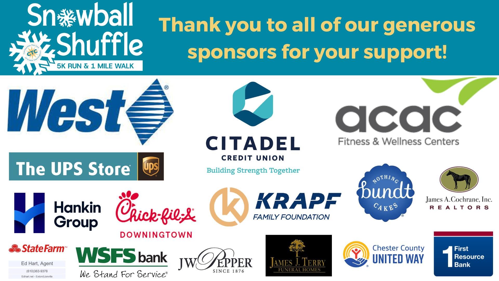 This week's #FeelGoodFriday is dedicated to all of our wonderful community sponsors for our upcoming 5th Annual Snowball Shuffle Run/Walk. We couldn't do this without your support - thank you again! 

Haven't registered yet? There's still time to joi