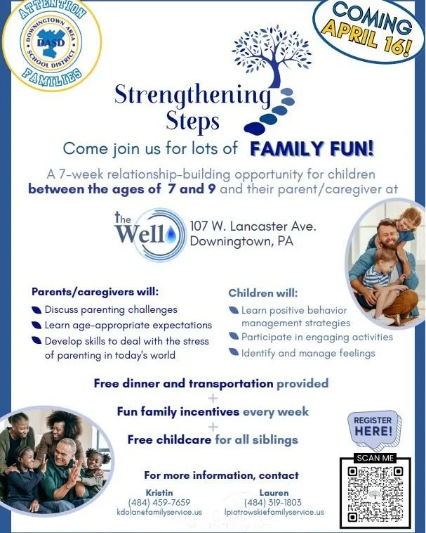 Our community partner, @familyservicecc, has their Spring 2026 'Strengthening Steps' class beginning soon! This free, 7-week relationship building opportunity is for children ages 7-9 and their parent/caregiver. Free dinner, transportation, &amp; chi