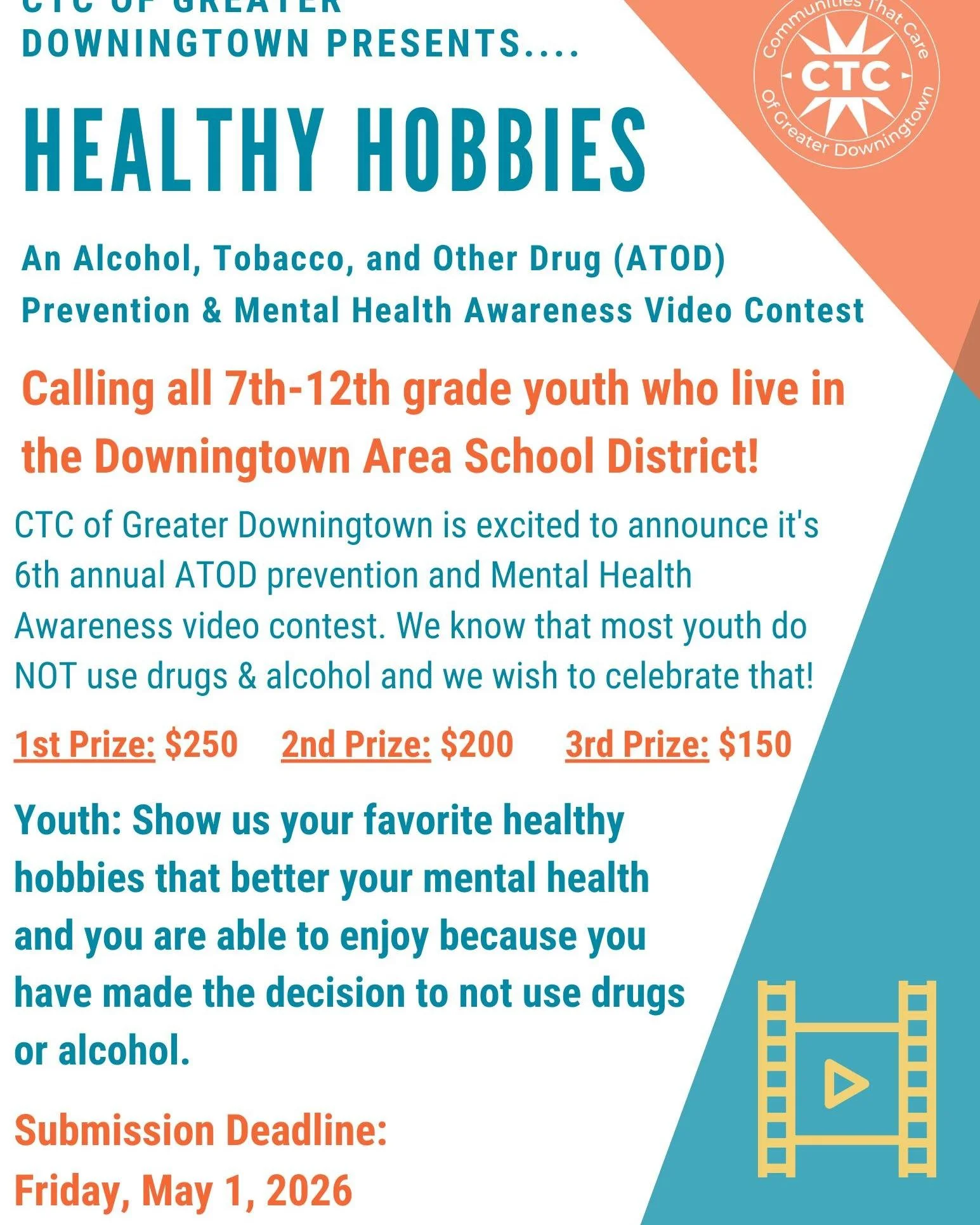 📽 Calling all creative teens in Downingtown! 📽

Showcase your filmmaking skills and win BIG! Our 'Healthy Hobbies' Youth Video Contest deadline is just under a month away but there is no time like the present to get started making your video master