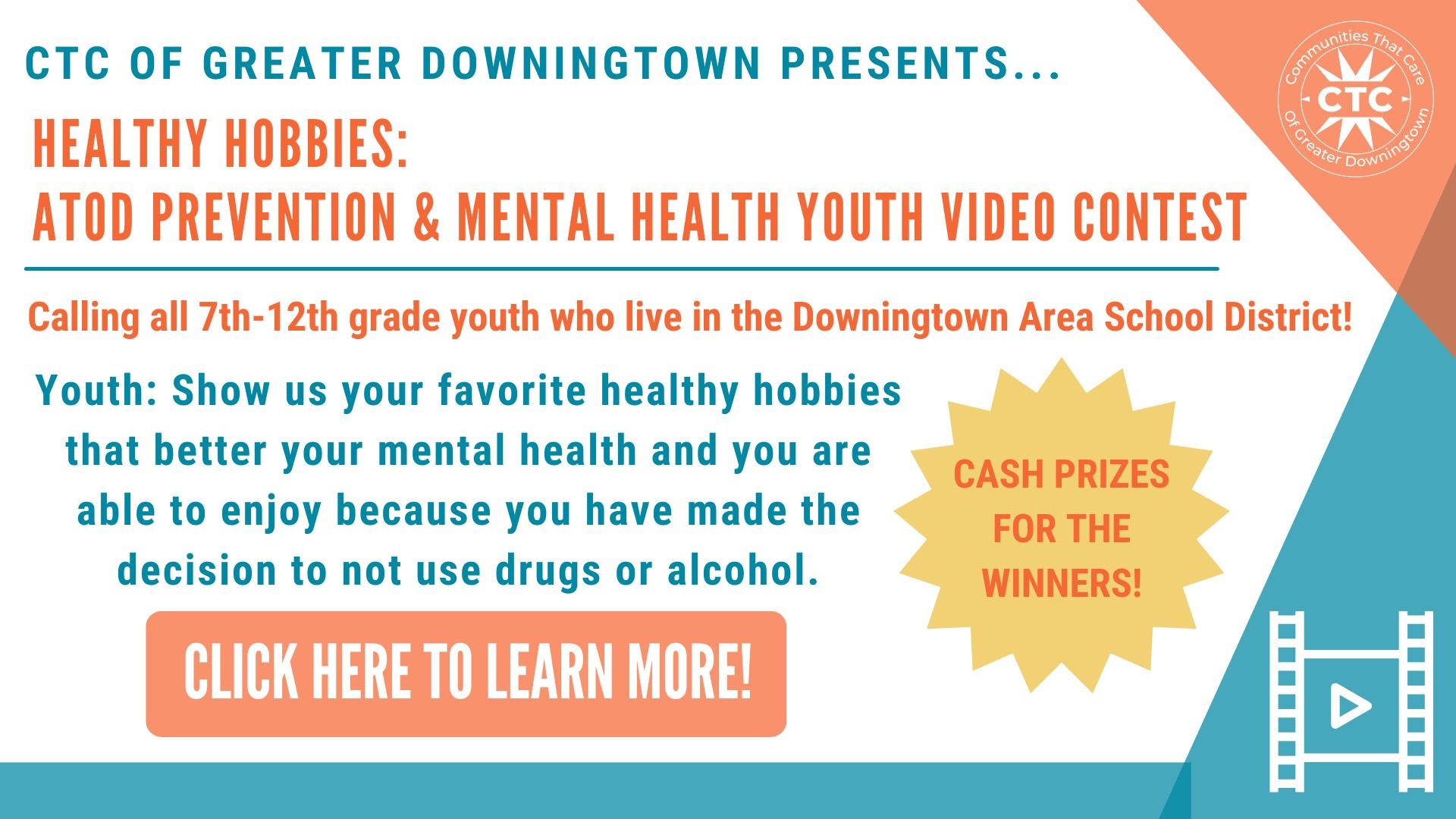 📣 ONLY TWO WEEKS LEFT!! 📣

Our 2026 CTC youth video contest theme is "Healthy Hobbies' and this year, we are asking youth to share their favorite healthy hobbies that better their mental health and they are able to enjoy because they have chos