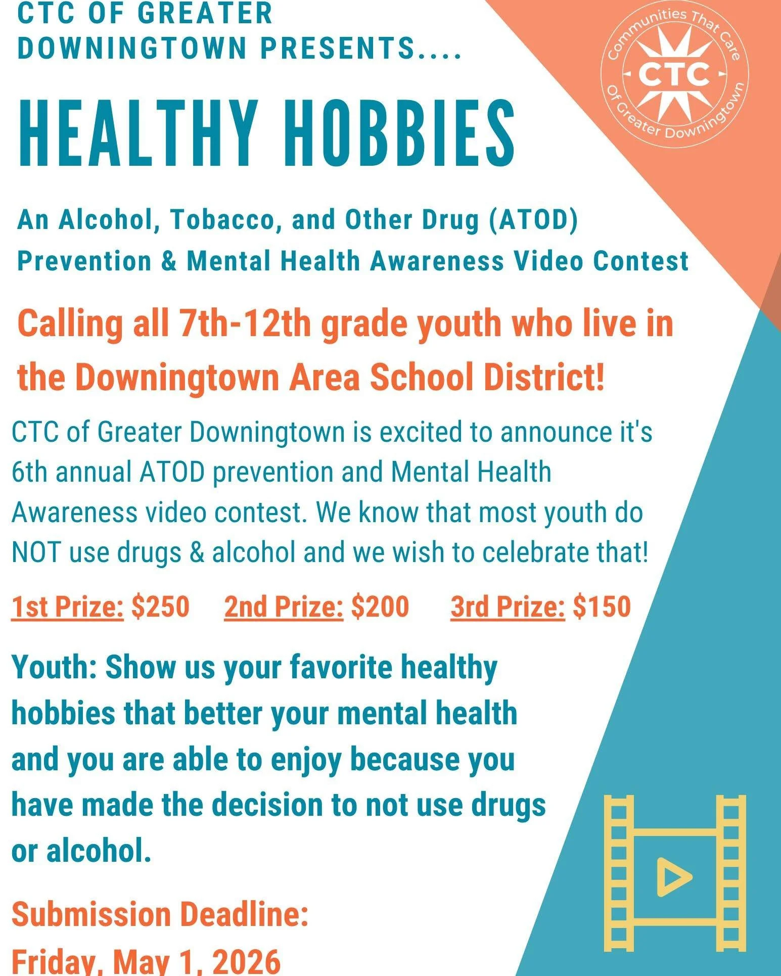 📢 LAST CALL - DEADLINE THIS FRIDAY 5/1!! 📢

Our 2026 CTC youth video contest theme is "Healthy Hobbies' and this year, we are asking youth to share their favorite healthy hobbies that better their mental health and they are able to enjoy becau