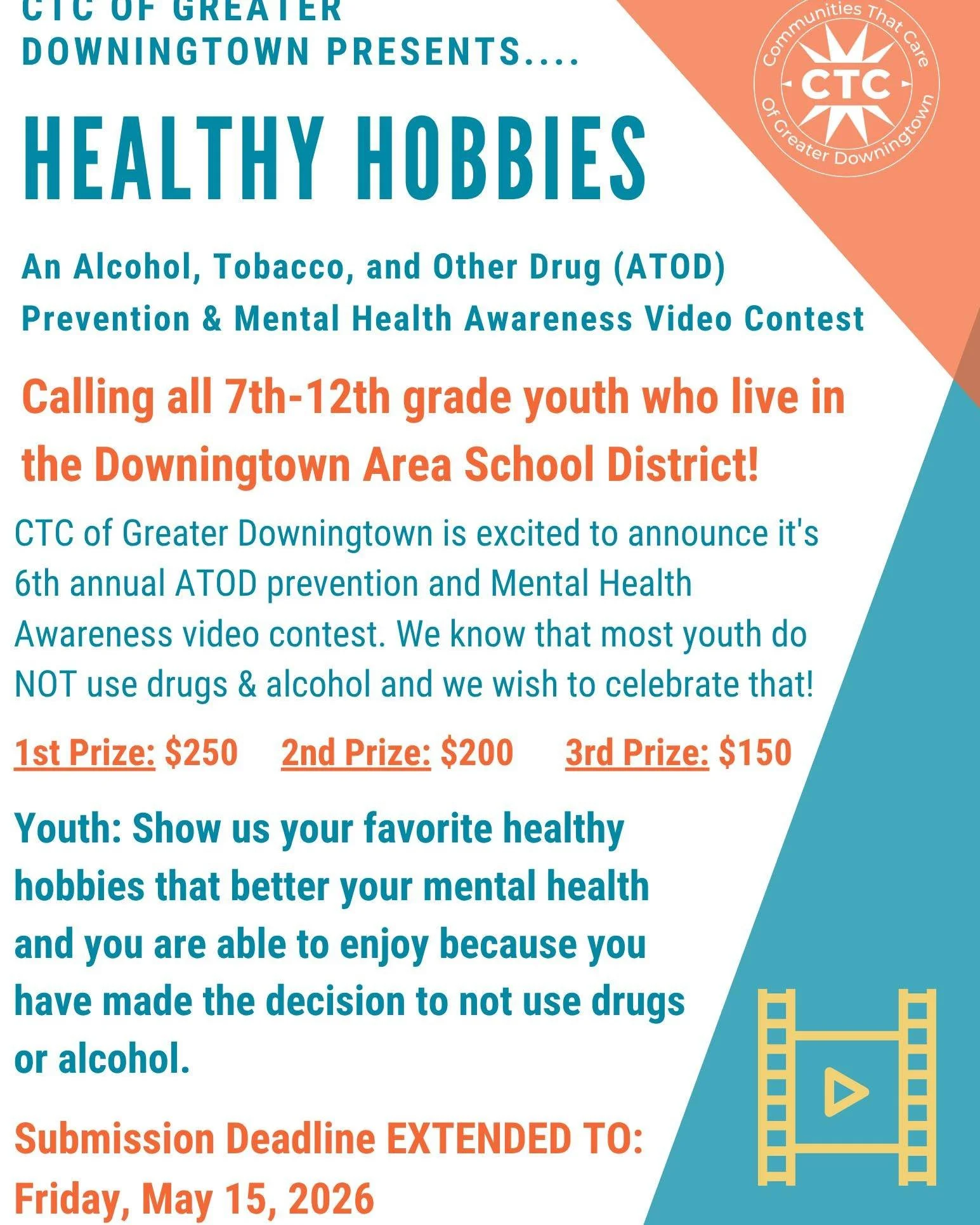 DEADLINE EXTENDED!! 📽📆

Our 2026 Youth Video Contest 'Healthy Hobbies' deadline has been extended to Friday, May 15th. If you haven't had the chance to submit, now is the time to do it! 

Contest details can be found here: https://www.dtownctc.org/