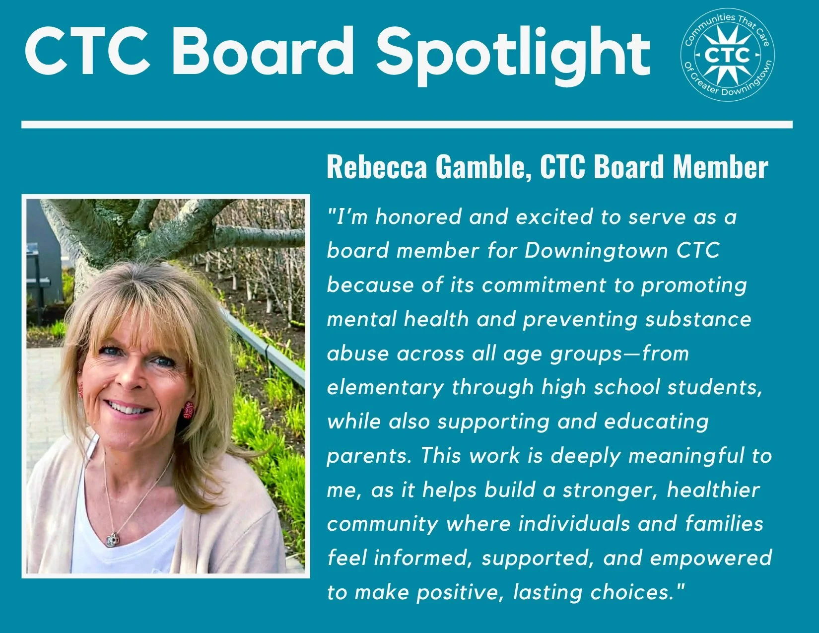 We love to showcase each of our dedicated &amp; hard working board members and today we are highlighting one of our newest CTC Board members, Rebecca Gamble. 

Read below to learn more on why she chooses to work with CTC to create a healthier Downing