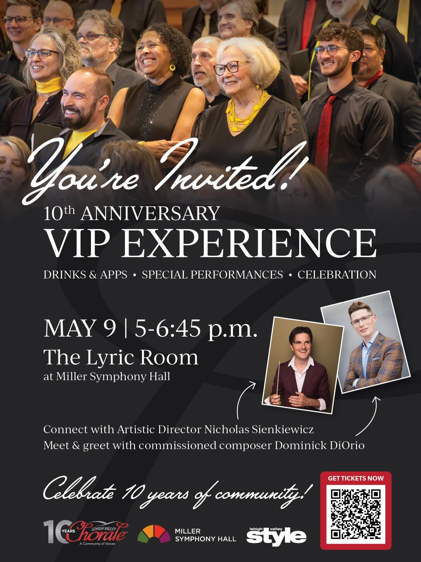 You&rsquo;re Invited to our 10th Anniversary VIP Experience!

Elevate your evening and help us celebrate a decade of musical excellence. The Lehigh Valley Chorale invites you to an exclusive VIP event in the intimate Lyric Room of Miller Symphony Hal