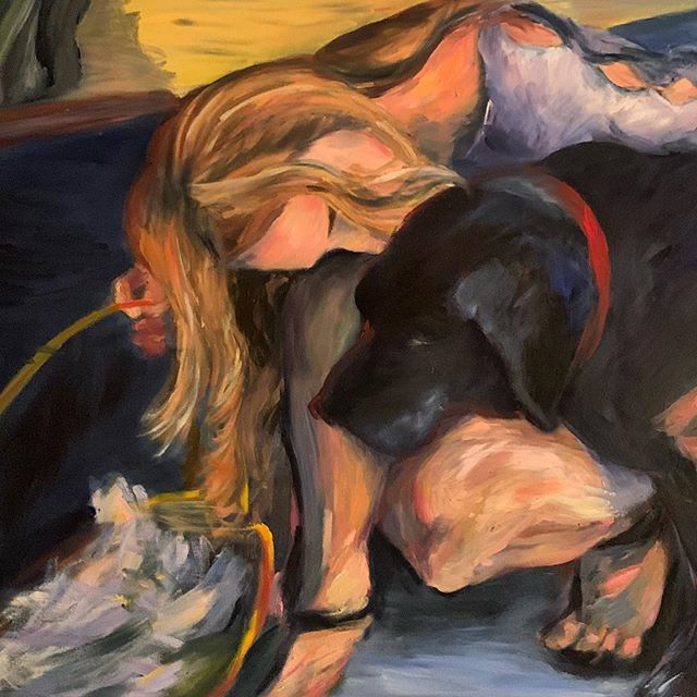 In celebration of discovering this week  that my art will be featured in three different magazines, here is my first oil painting ever! 
#oilpainting #dogsofinstagram #emergingartist #artoftheday #womenartists #figureart #dogpainting #labradorretriev