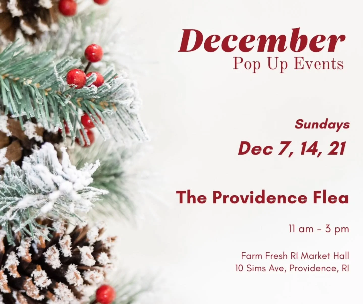 Hello December! 

How did we even get here? The year has flown by so fast...(I probably say this every December 🤨)..and here we are, our final 3 pop-ups this year. 

We will be at the Providence Flea at Farm Fresh RI in PVD on Sundays 7, 14, and 21,