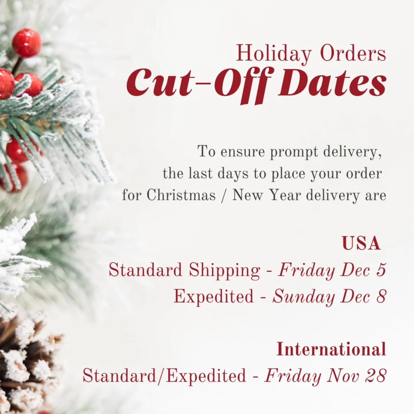 Just one month away until Christmas! Is everyone ready to celebrate?

We're doing our best to have your orders shipped out promptly. If you have any questions, please feel free to reach out via email or DM.