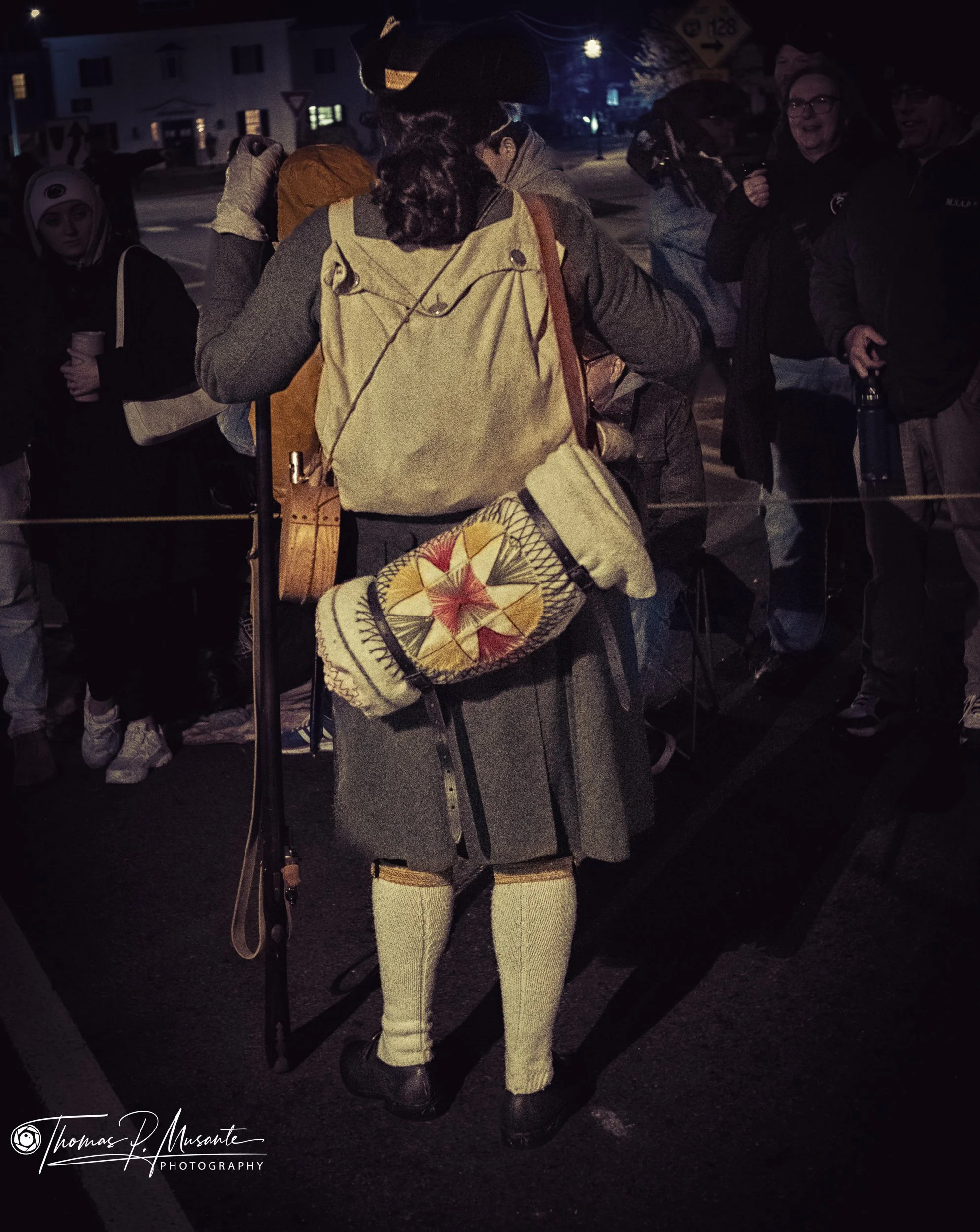 Pre-dawn candid street photography on Lexington Battle Green during Rev 250 Patriots’ Day 2026 – Lexington Minute Men mustering in the cold