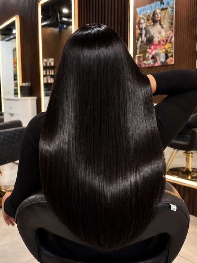 sleek black hair with a smooth, reflective shine for keratin smoothing at The Hair Tease.