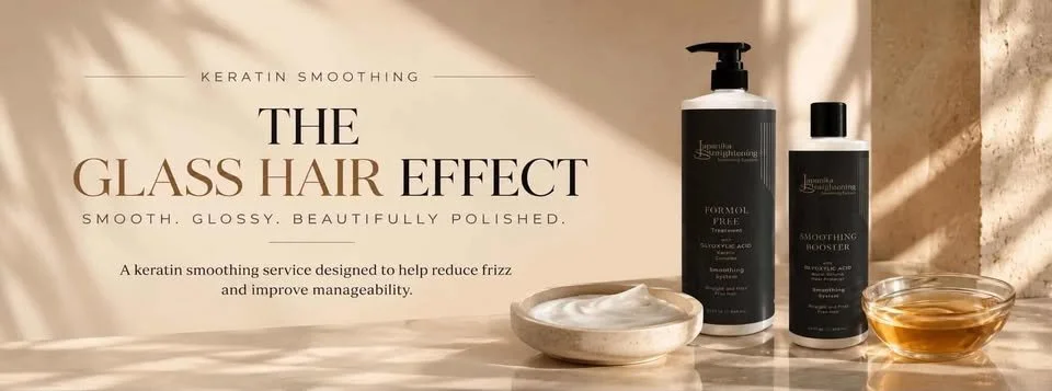 Japanika keratin smoothing treatment and booster displayed with creamy treatment texture and amber serum for The Hair Tease in Dania Beach, Florida.